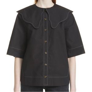 Ganni black short slv 100% organic cotton shirt with exaggerated collar size 12